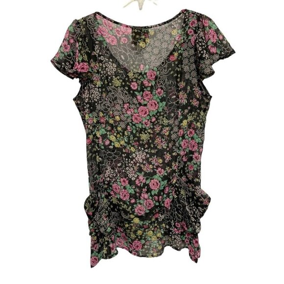 PINK ROSE Womens Sheer Boho Floral Top Large Black Multi Chiffon Slouch Pockets - Picture 2 of 16